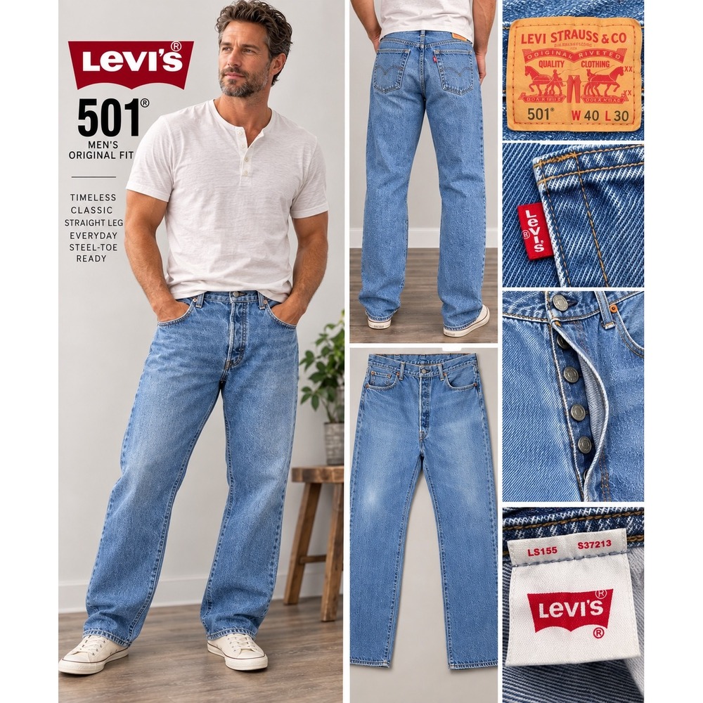 Levis 501 Original Fit Jeans Mens 40x30 Blue Denim Straight Leg Button Fly